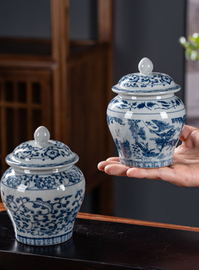 青花将军茶叶罐复古老陶泥陶瓷罐茶叶收纳罐防潮储茶罐干货密封罐