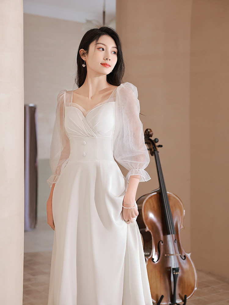 速发森系轻纱白色小晚礼服领时可证法式平穿登记订婚连衣裙高级宴