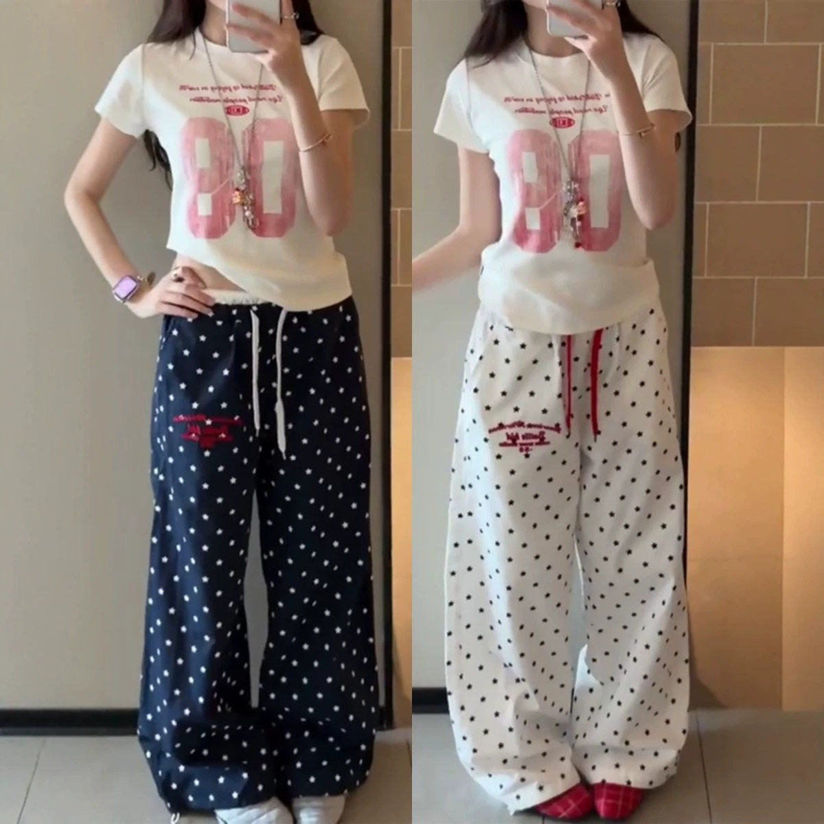 美式复古拼接裤腰刺绣长裤夏季女休闲裤