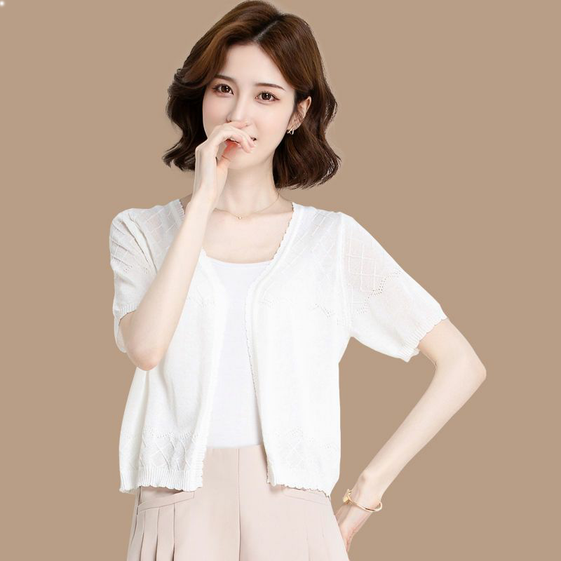 外搭薄款开衫夏季短袖冰丝针织小披肩外套配吊带裙子空调衫薄罩衫