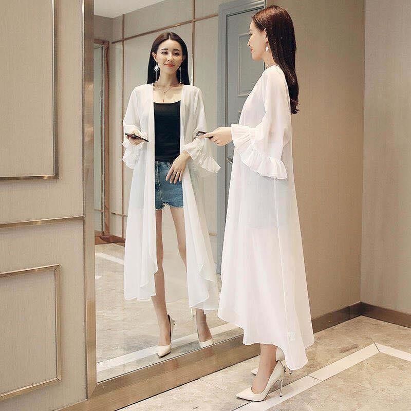 胖mm超仙中长款防晒衣女夏季雪纺开衫薄款外搭披肩防晒衫300斤潮