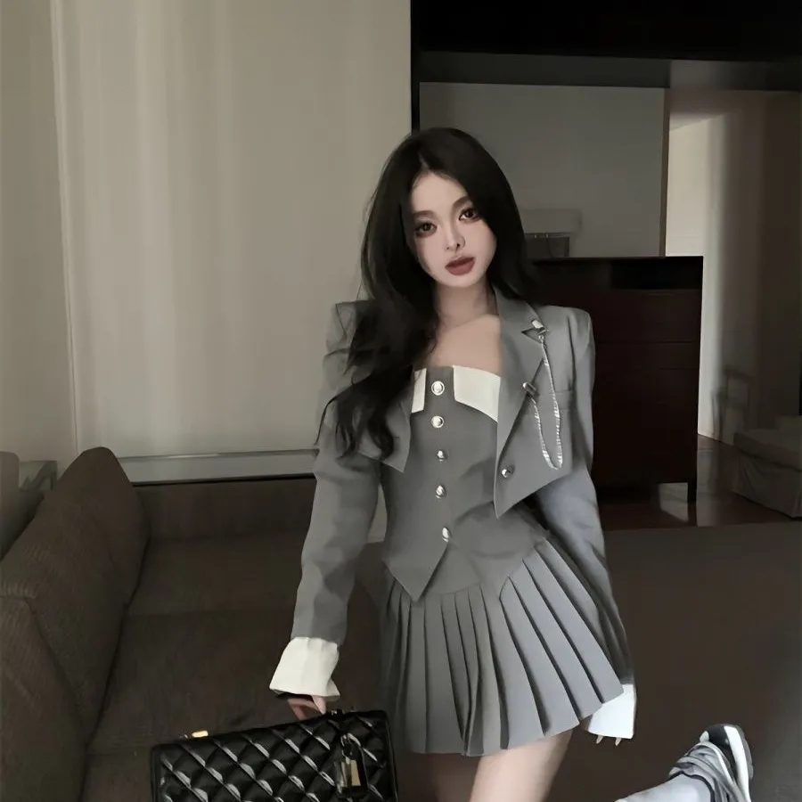 jk制服套装抹胸背心西装外套女装春季高腰性感百褶裙半身裙三件套