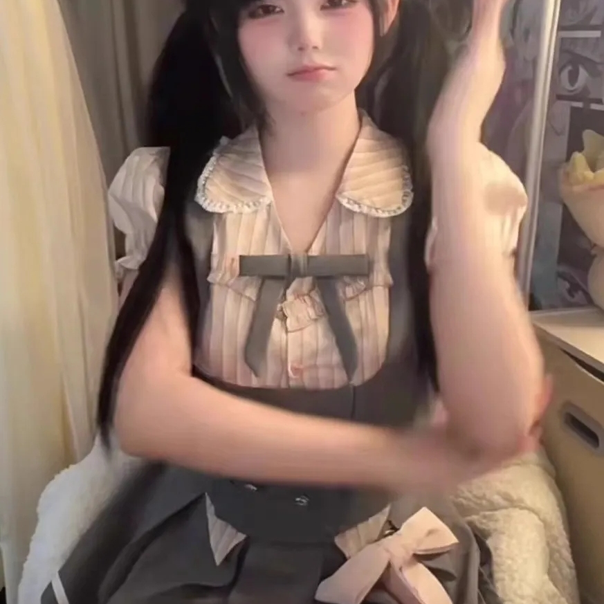学院甜美套装少女jk制服粉色条纹