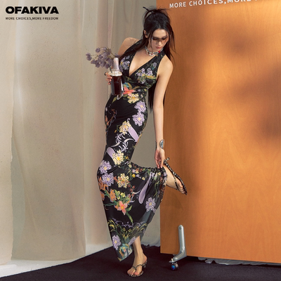 OfAkiva“繁花”浪漫法式挂脖连衣裙女春夏V领辣妹感包臀鱼尾长裙