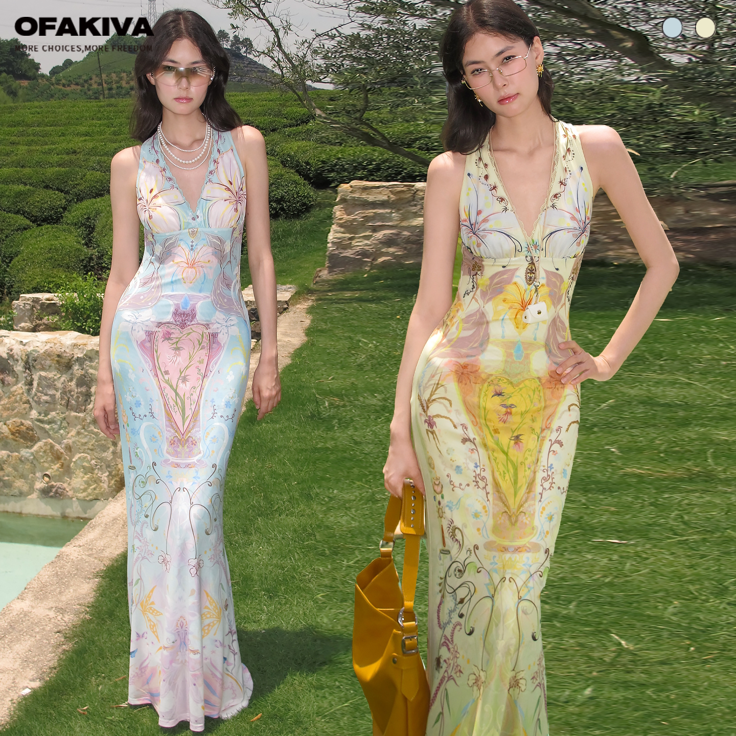 OfAkiva 浪漫法式挂脖连衣裙女夏季V领高腰显瘦辣妹感包臀鱼尾裙