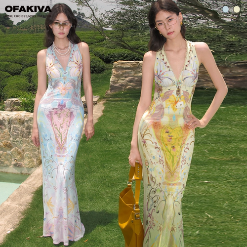 OfAkiva 浪漫法式挂脖连衣裙女夏季V领高腰显瘦辣妹感包臀鱼尾裙