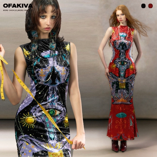 【李梦同款】OfAkiva“鲁拜集”手绘神秘塔罗印花鎏光丝绒连衣裙