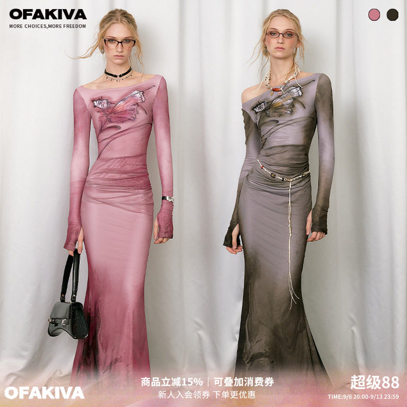 OfAkiva双层印花网纱针织鱼尾裙图片