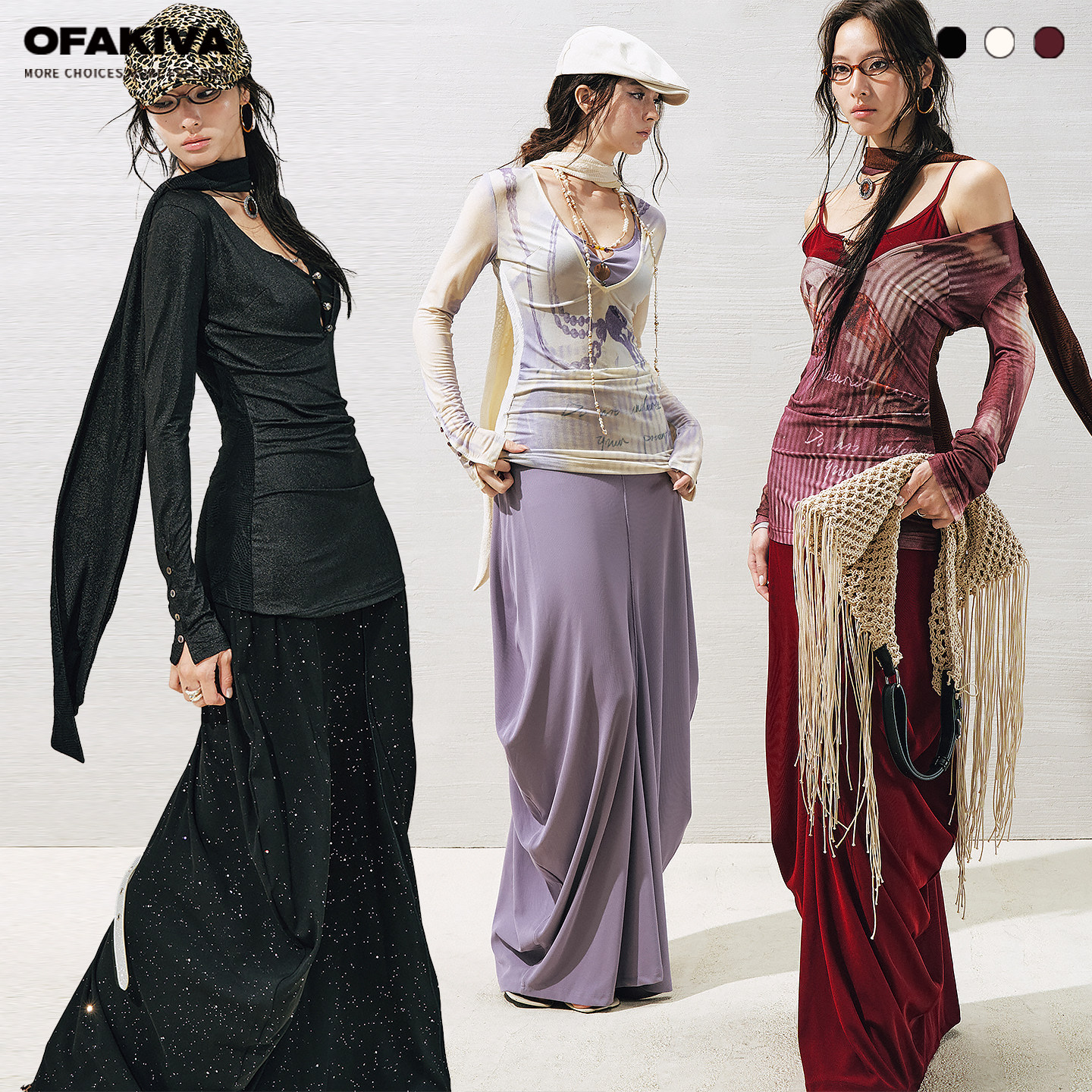 OfAkiva“阿尔温”两件式连衣裙女镂空串珠茧形罩衫裙