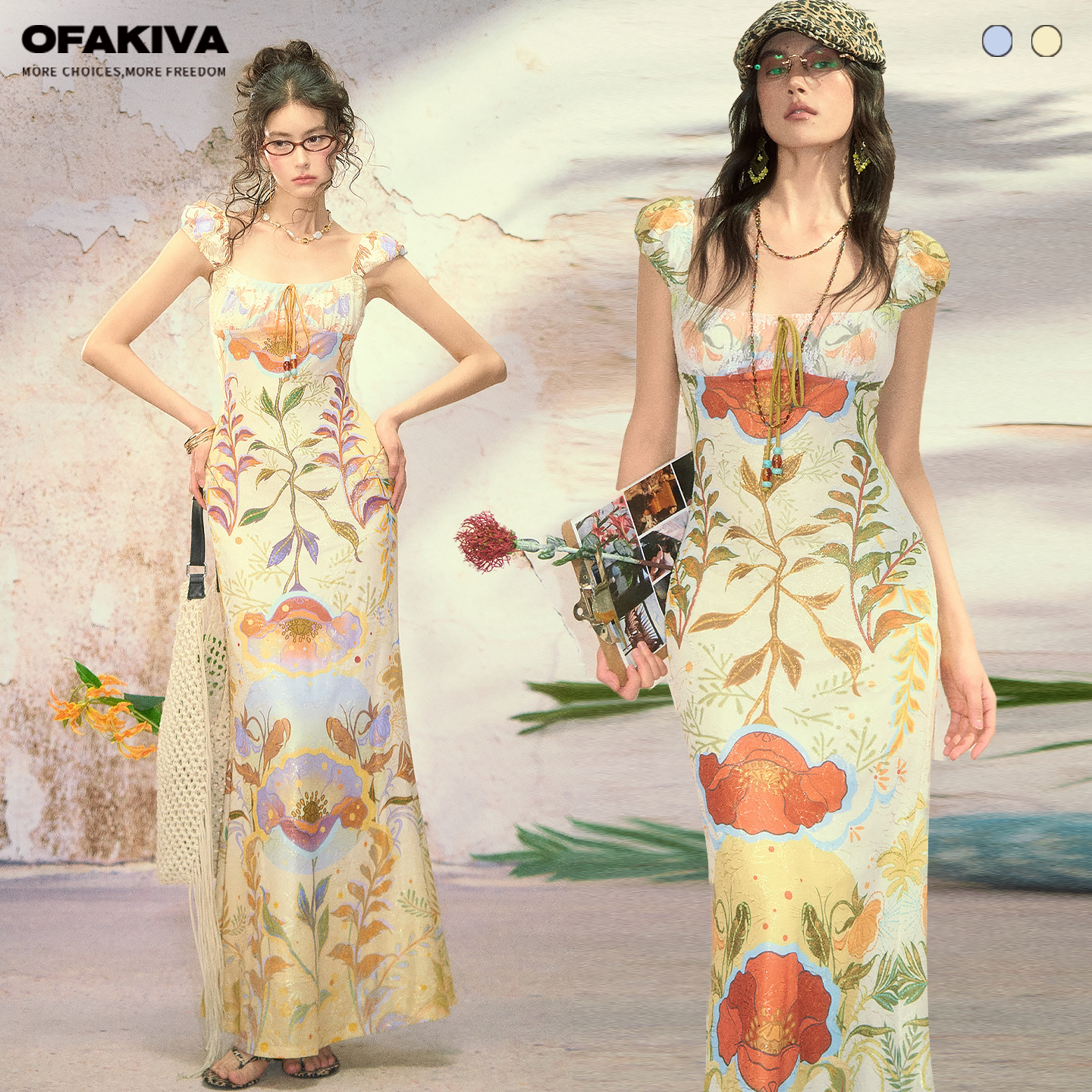 OfAkiva 氛围感虞美人印花连衣裙女小飞袖高弹力金线针织长裙子