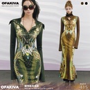 高领针织鱼尾长裙 原创设计骨头印花连衣裙女长袖 OfAkiva 如是