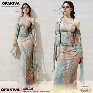 OfAkiva 第七感 自然艺术油画印花飘带斜肩不对称上衣半裙套装