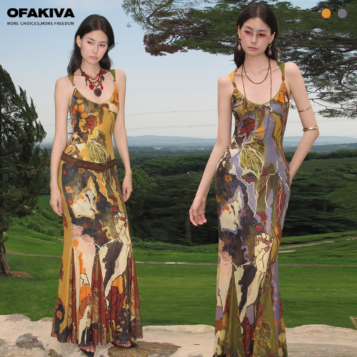 OfAkiva&ldquo;梧桐&rdquo;抽象派复古印花串珠异形肩带插片大摆鱼尾吊带裙