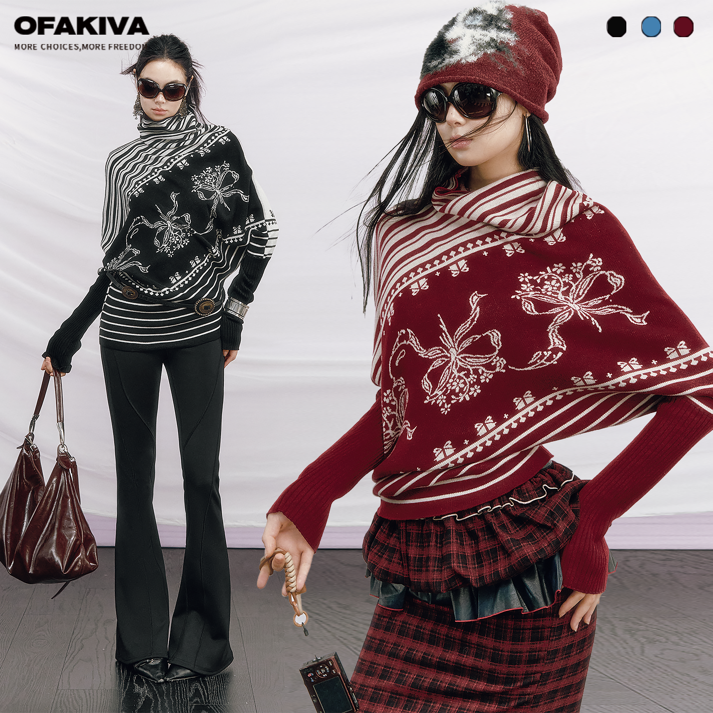 【现货】OfAkiva“约瑟芬”缎带花束条纹蝙蝠袖两穿撞色织花毛衣,女装/女士精品,毛衣,淘宝优惠券,粉丝福利购,淘宝优惠卷