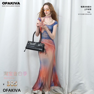 现货 OfAkiva 巨星出逃 落日油画印花连衣裙女夏碎花裙