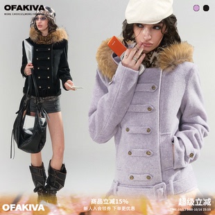 OfAkiva“黑醋栗”原色可拆卸貉子毛拿破仑风收腰连帽毛呢外套