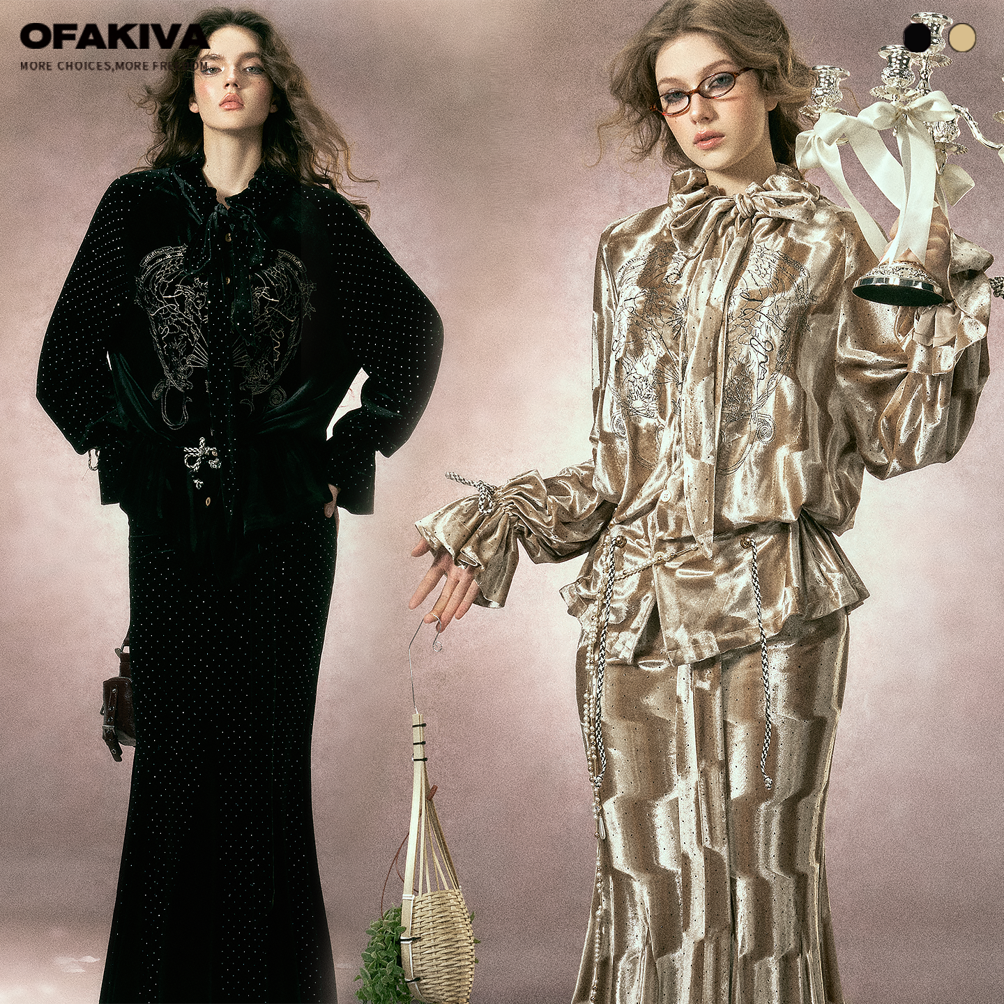 OfAkiva 复古刺绣烫钻丝绒套装原创手绘假衬衫领上衣鱼尾裙两件套,女装/女士精品,时尚套装,淘宝优惠券,粉丝福利购,淘宝优惠卷