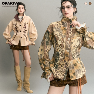 OfAkiva“般箔”新中式手工盘带绣花牛仔短外套女立领绑带短夹克
