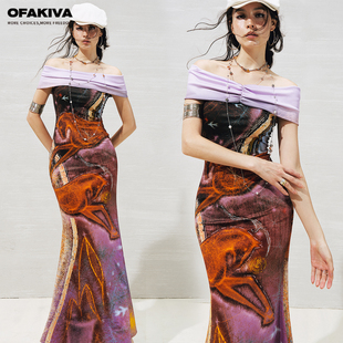 紫霓 OfAkiva 夢幻璀璨美學(xué)印花前后兩穿一字肩魚尾連衣裙