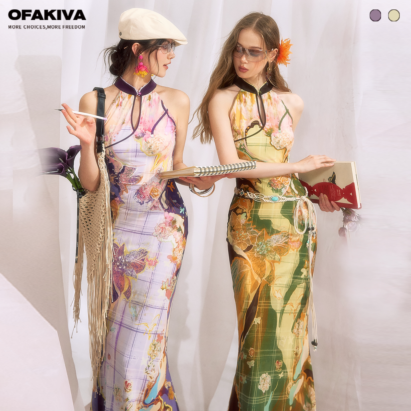 OfAkiva&ldquo;花格贝母&rdquo;复古油画感新中式旗袍连衣裙女挂脖印花裙