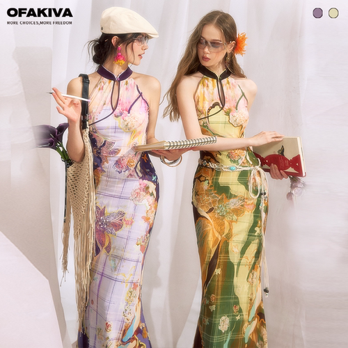 OfAkiva“花格贝母”复古油画感新中式旗袍连衣裙女挂脖印花裙