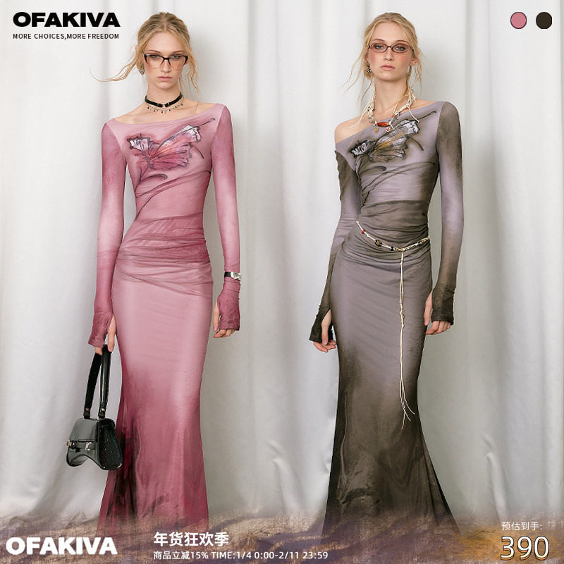 【现货】OfAkiva“梦核美学”蝴蝶印花网纱长袖一字领鱼尾裙女,女装/女士精品,连衣裙,淘宝优惠券,粉丝福利购,淘宝优惠卷