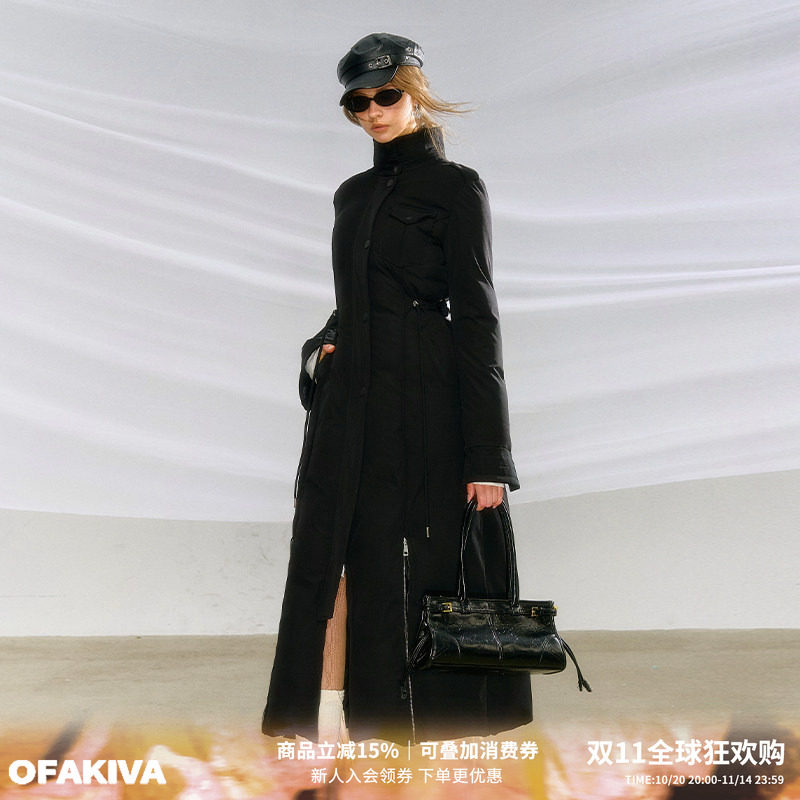 【现货】OfAkiva 黑色鹅绒羽绒服女冬季立领设计感收腰显瘦长外套