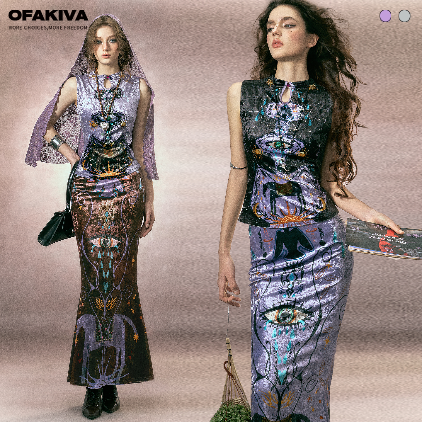 OfAkiva 设计师原创塔罗图腾图案丝绒收腰无袖上衣鱼尾半裙套装,女装/女士精品,时尚套装,淘宝优惠券,粉丝福利购,淘宝优惠卷