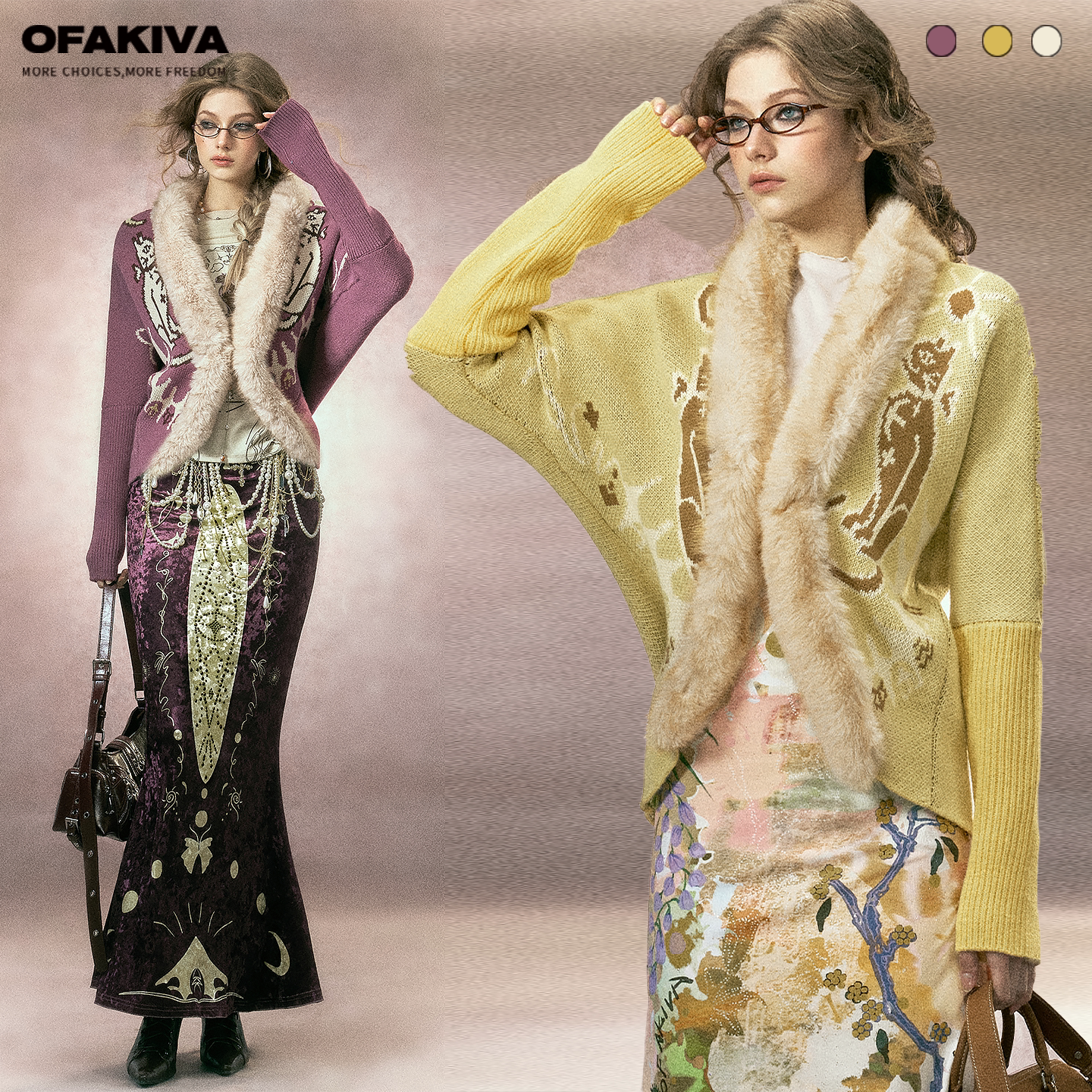 OfAkiva&ldquo;手账&rdquo;仿狐毛领猫咪图腾提花宽松落肩慵懒针织外套开衫