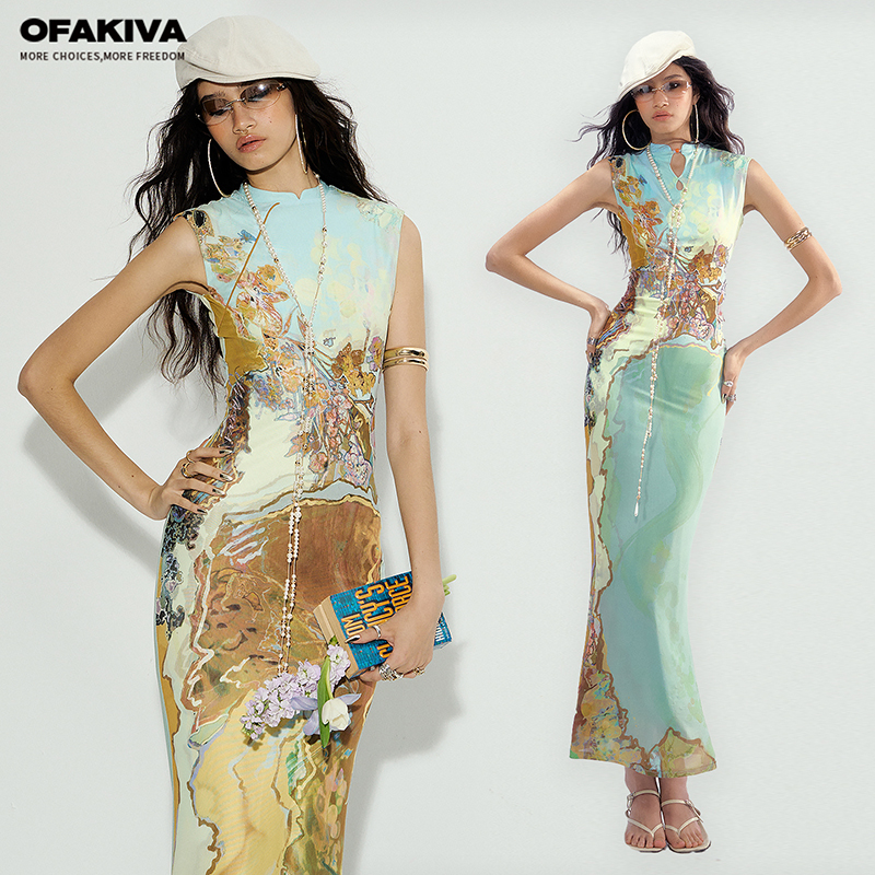 【现货】OfAkiva“三彩兰”新中式前后两穿撞色印花旗袍连衣裙