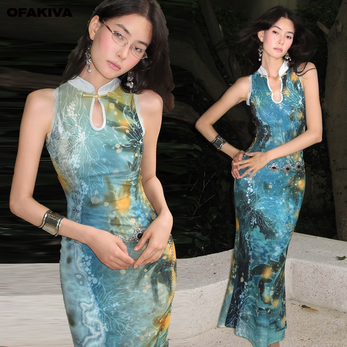 OfAkiva“浮光跃金”新中式旗袍连衣裙女正反两穿复古修身鱼尾裙