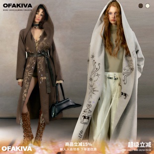OfAkiva“你的故事”神秘主义刺绣貉子毛领外套女连帽羊毛呢大衣