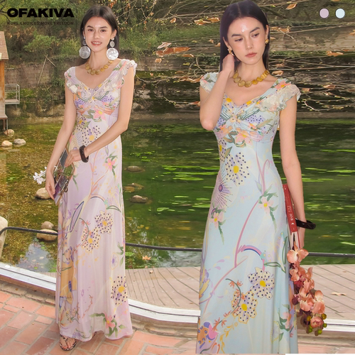 OfAkiva“植物图鉴”法式复古度假感碎花连衣裙女一字肩包臀裙