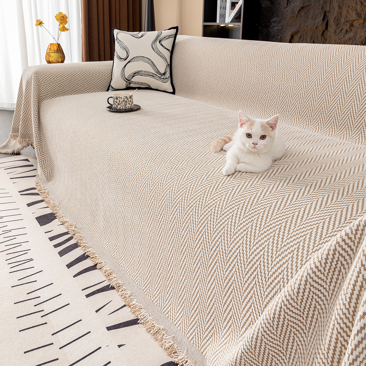 2025新款沙发巾四季通用高级感简约条纹一整张全盖沙发盖布套罩毯,居家布艺,沙发套,淘宝优惠券,粉丝福利购,淘宝优惠卷