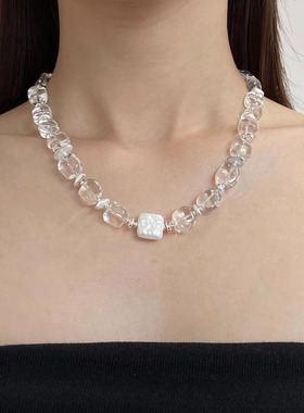 透明清凉白水晶方形珍珠项链女