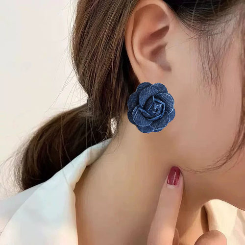 夸张复古蓝色牛仔布艺耳钉耳环女