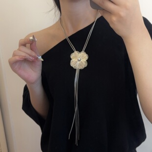 珍珠金属花朵圆蛇骨链项链女欧美时尚性感长款流苏气质多层毛衣链