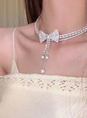 超闪满钻蝴蝶结珍珠锁骨链项链女