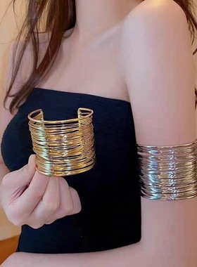 金银色多层缠绕手臂环女金属朋克臂镯配饰可调节开口手镯