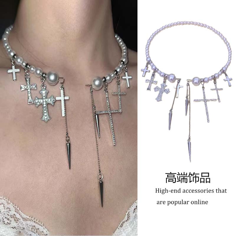 十字架铆钉流苏珍珠项颈圈项链女