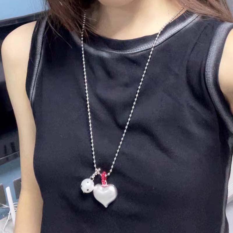 甜酷时尚长款银色拉丝圆球爱心珍珠吊坠项链女ins可爱简约毛衣链