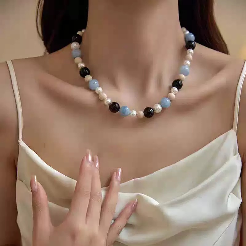 蓝色海蓝宝串珠珍珠海边度假项链女配饰秋高级感轻奢小众锁骨颈链