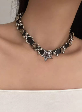朋克复古皮质编织闪钻五角星项链