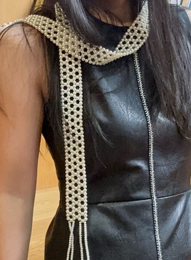 复古编织珍珠链流苏围巾项链女国风旗袍汉服装饰飘带毛衣链配饰