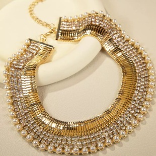 欧美重工珍珠排钻宽表链项链女夸张复古金色气质百搭高级感锁骨链