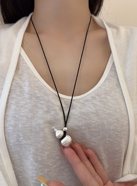 中式黑绳编织沙金葫芦项链卫衣链