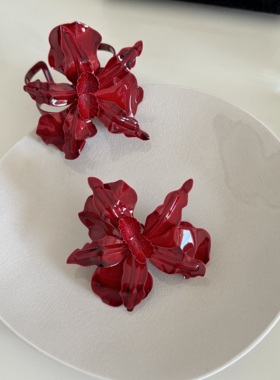 复古酒红金属立体花朵开口手镯女