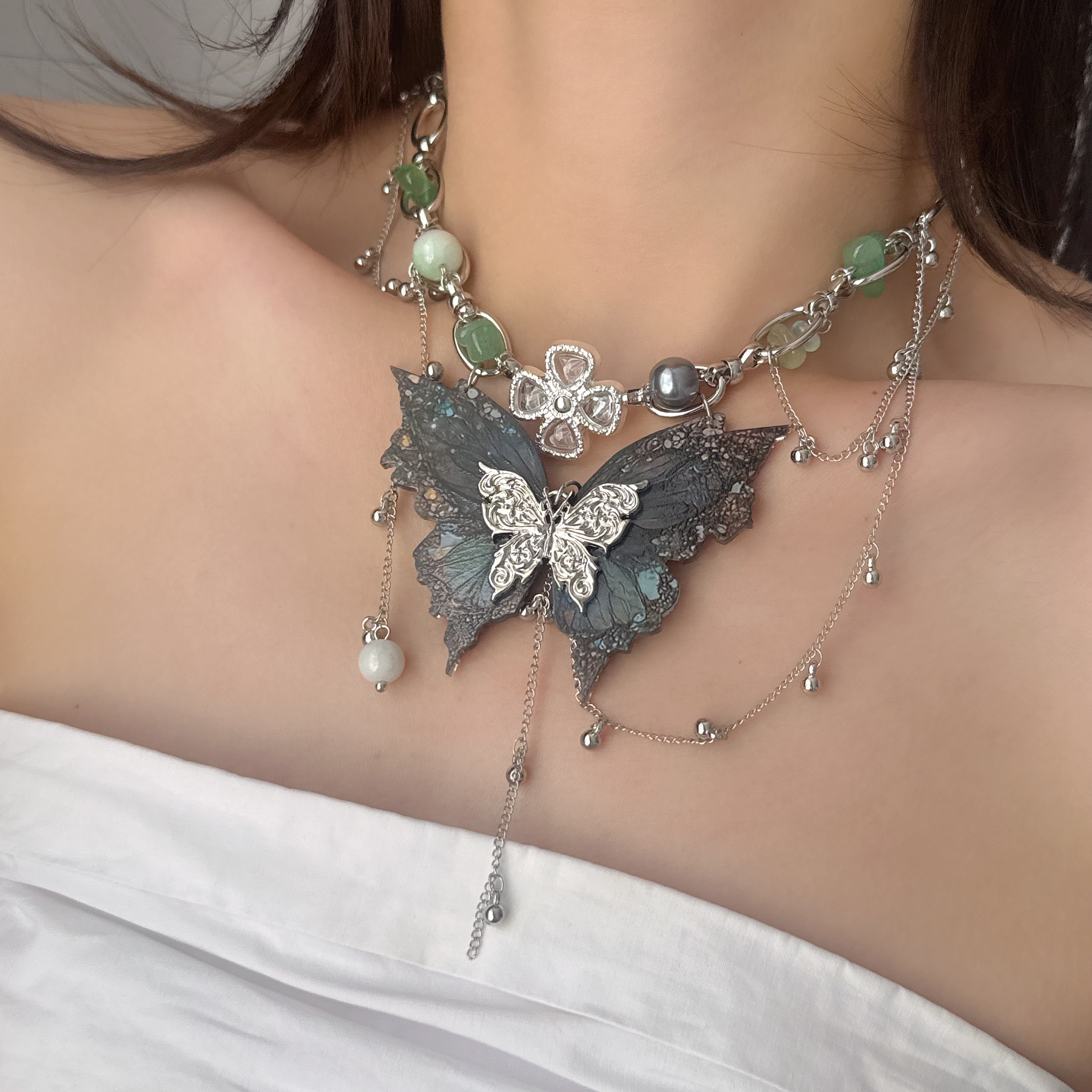 深蓝夸张蝴蝶流苏项链女辣妹甜酷