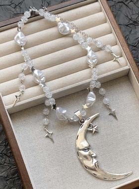 透明串珠珍珠月亮吊坠项链锁骨链
