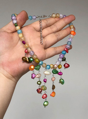 波西米亚彩色天然贝壳流苏项链女